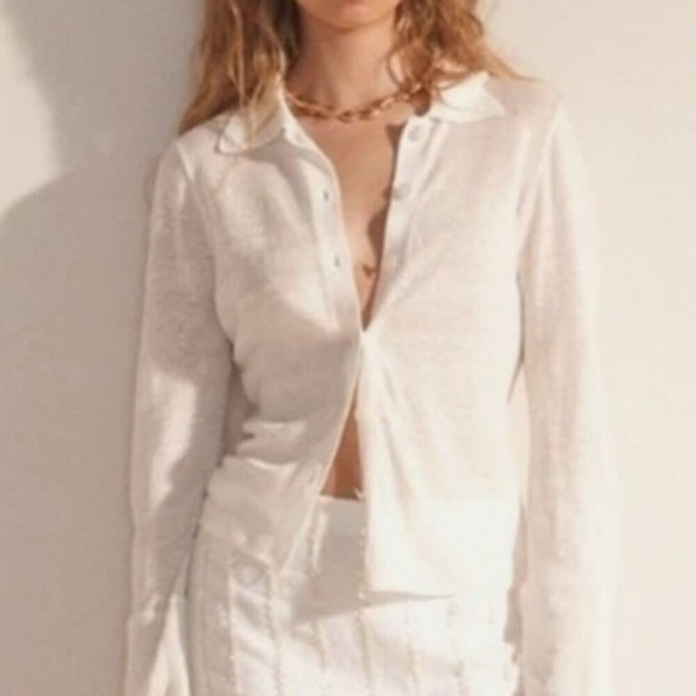 J.Crew Collared Button-Up Sweater 100% Linen Women's Medium Winter White